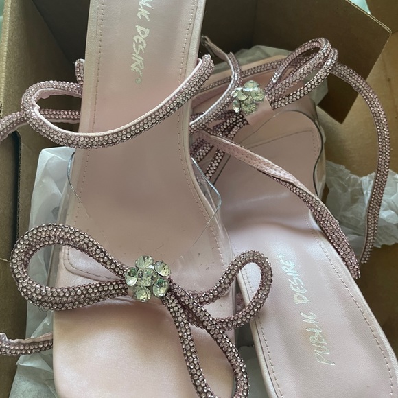 Public Desire Wide Fit Exclusive Glimmer Strappy heeled sandals in pink satin - Picture 2 of 3